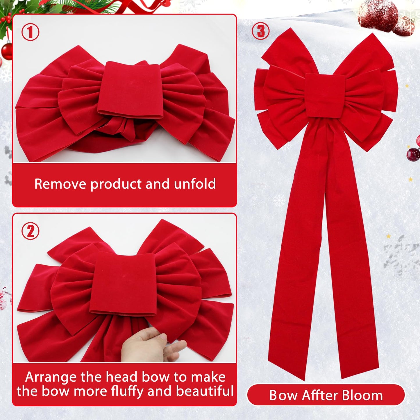 4 Pack Christmas Tree Bow Topper Red, 18”x35” Car Bow, Christmas Bows Decoration Large, Wreath Bow, Christmas Red Velvet Bows, for Xmas Home Front Door Patio Outdoor Decor (Red 2, 4 Pack)