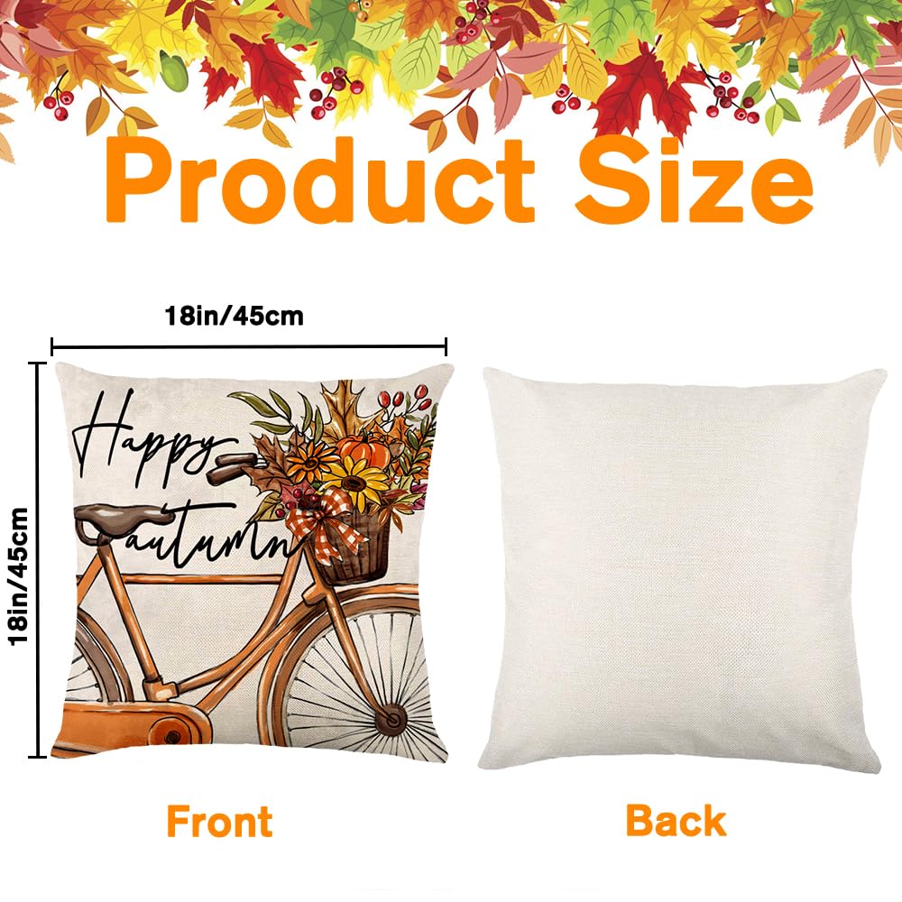 Heirloom Haven 4pcs Hello Fall Pumpkin Throw Pillow Covers 18x18, Autumn Thanksgiving Buffalo Plaid Polka Dots Floral Bicycle Outdoor Home Decor Cushion Cases Seasonal Pillow Cases for Sofa Couch