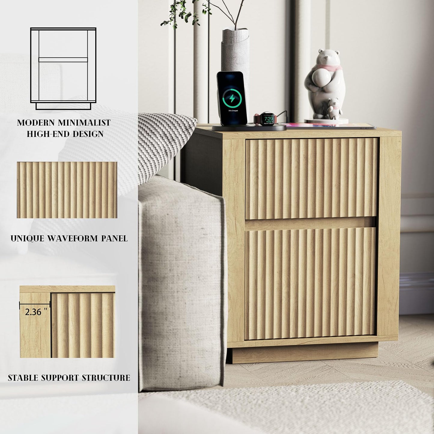 Modern Nightstand with USB Charging Ports, Wavy Bedside Table for Bedroom, Wood End Table Storage Cabinet for Living Room Sofa Office (Double Drawer)