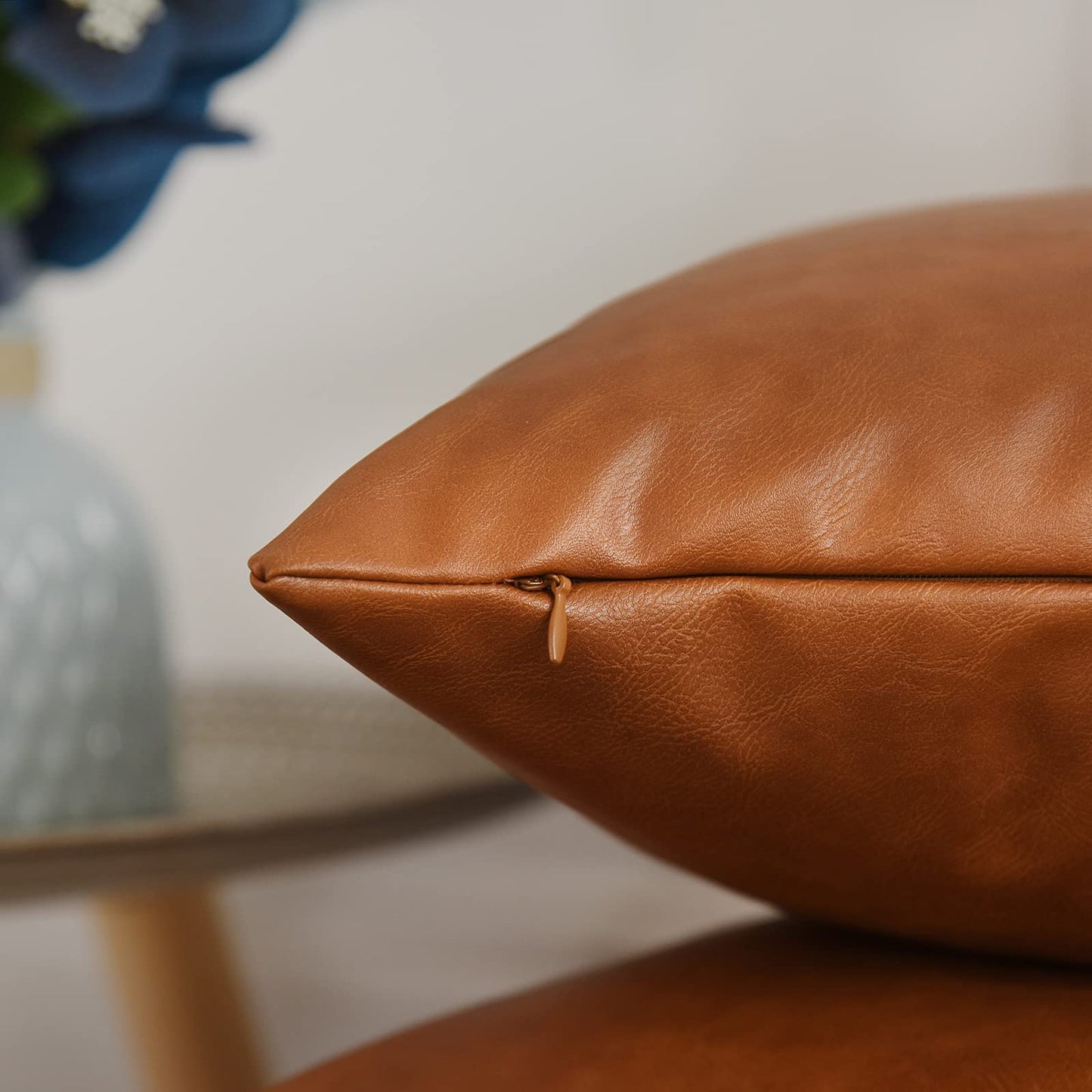 Tosewever Faux Leather Throw Pillow Covers, 16 x 16 inch Set of 2 Luxury Cognac Brown Modern Pillowcases Solid Decorative Square Cushion Cases for Bedroom Living Room Couch Bed Sofa (Brown, 16" x 16")