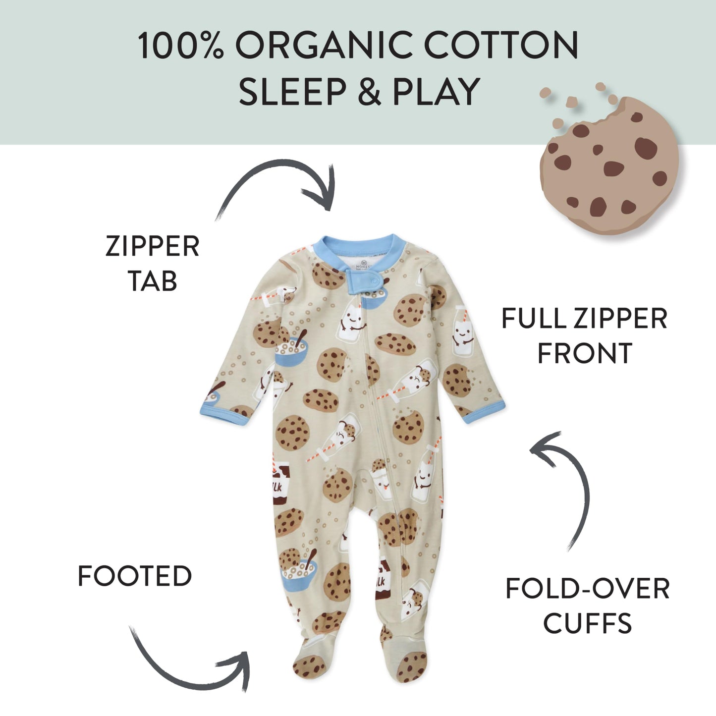 HonestBaby Sleep & Play Footed One-Piece Pajama Sleeper 100% Organic Cotton, Baby Boys, Milk N Cookies, 3-6 Months