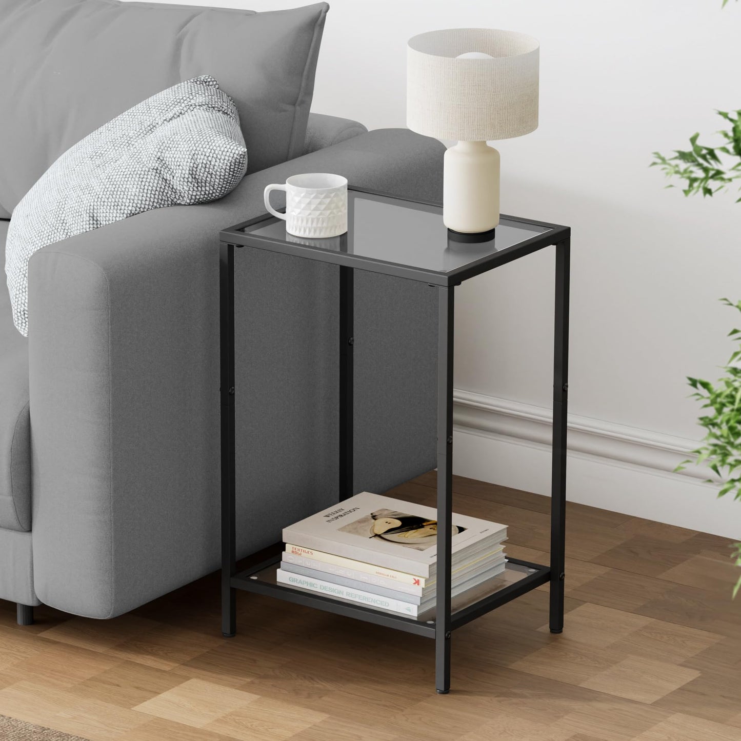 HOMSHO Side Tables Set of 2, End Tables with Tempered Glass, 2-Tier Nightstands with Storage Shelves, Coffee Table with Modern Style, Slim Sofa Table for Living Room, Bedroom, 11.8" D x 15" W, Black