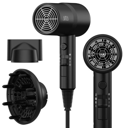 AINA Hair Dryer with Diffuser, Blow Dryer for Women | Advanced Ionic Technology, Ceramic Coating | Cold Shot Features Turbo Heat for Fast Drying and Shine 110V/ALCI(Vader Black)