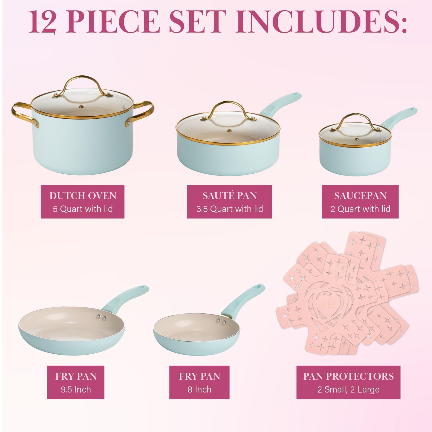 Paris Hilton Epic Nonstick Pots and Pans Set, Multi-layer Nonstick Coating, Tempered Glass Lids, Soft Touch, Stay Cool Handles, Made without PFOA, Dishwasher Safe Cookware Set, 12-Piece, Aqua