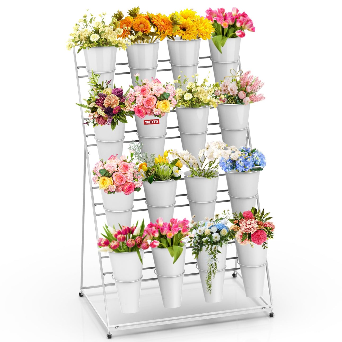 YOEXTO Flower Display Stand 4 Layers with 16 PCS Round Buckets, Plant Stand with Wheels, Movable Metal Plant Stand for Terrace Garden, Florist Shop
