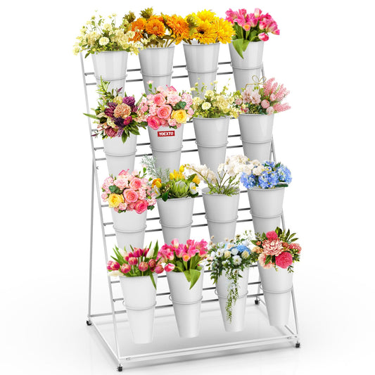 YOEXTO Flower Display Stand 4 Layers with 16 PCS Round Buckets, Plant Stand with Wheels, Movable Metal Plant Stand for Terrace Garden, Florist Shop