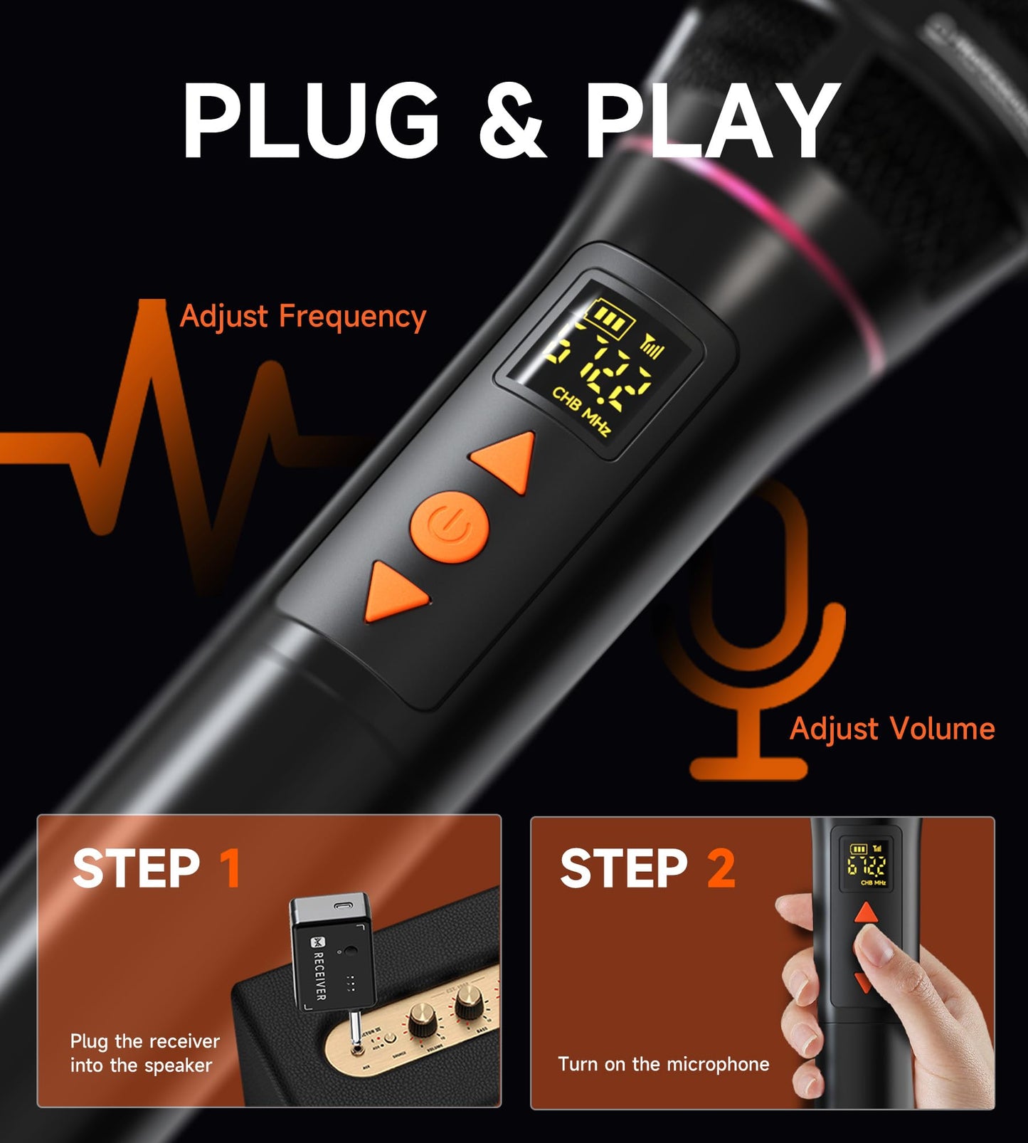 Wireless Microphones, Professional UHF Dual Wireless Microphone with 3ms Transmission Rate, Studio Grade Sound Pick Up Mic Head, Volue Control,Adjust frequency,Microphone for Singing, Performance