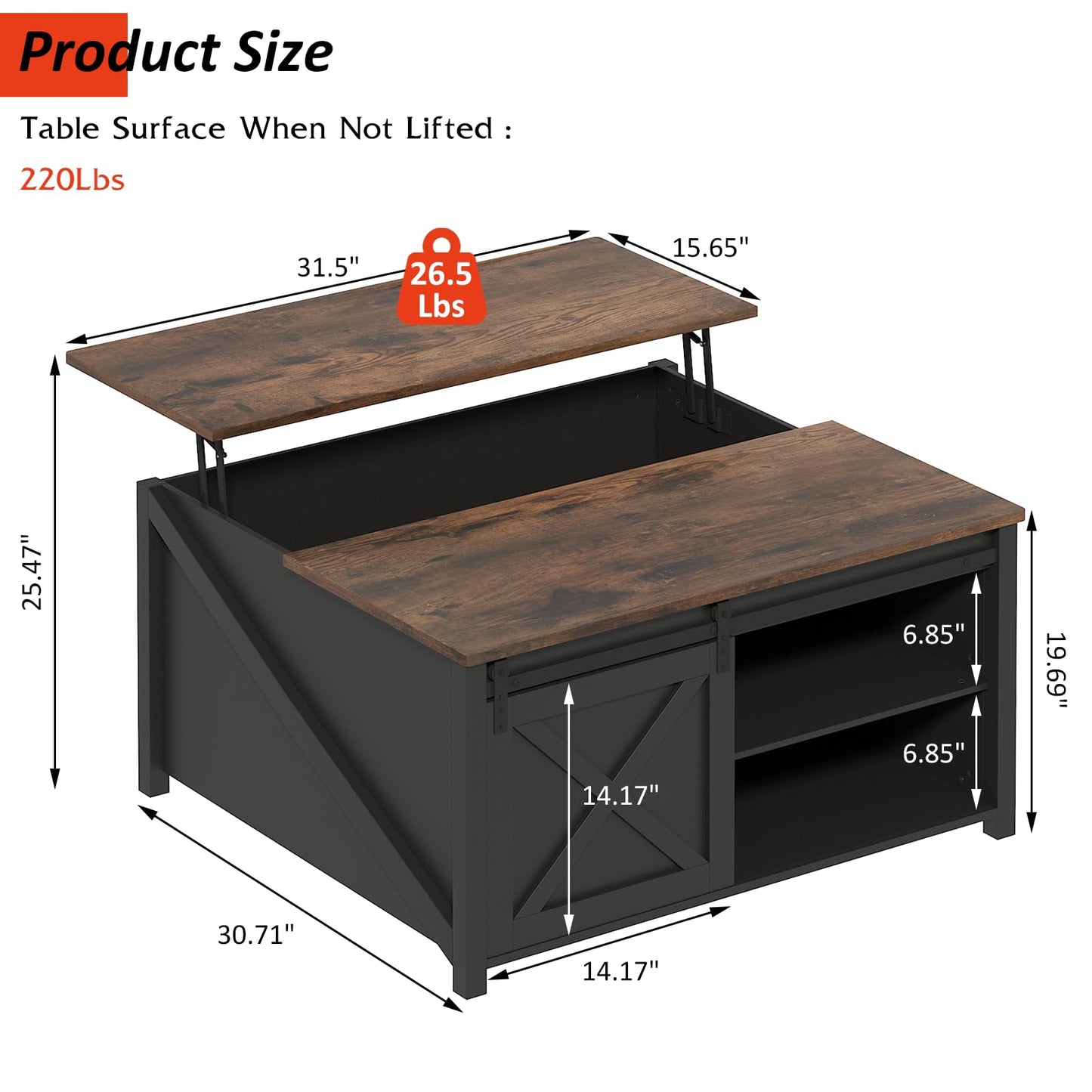 PUKAMI Lift Top Coffee Table with Storage, 31.5" Farmhouse Coffee Table for Living Room, Square Coffee Tables with Large Hidden Storage and Sliding Barn Doors, Black