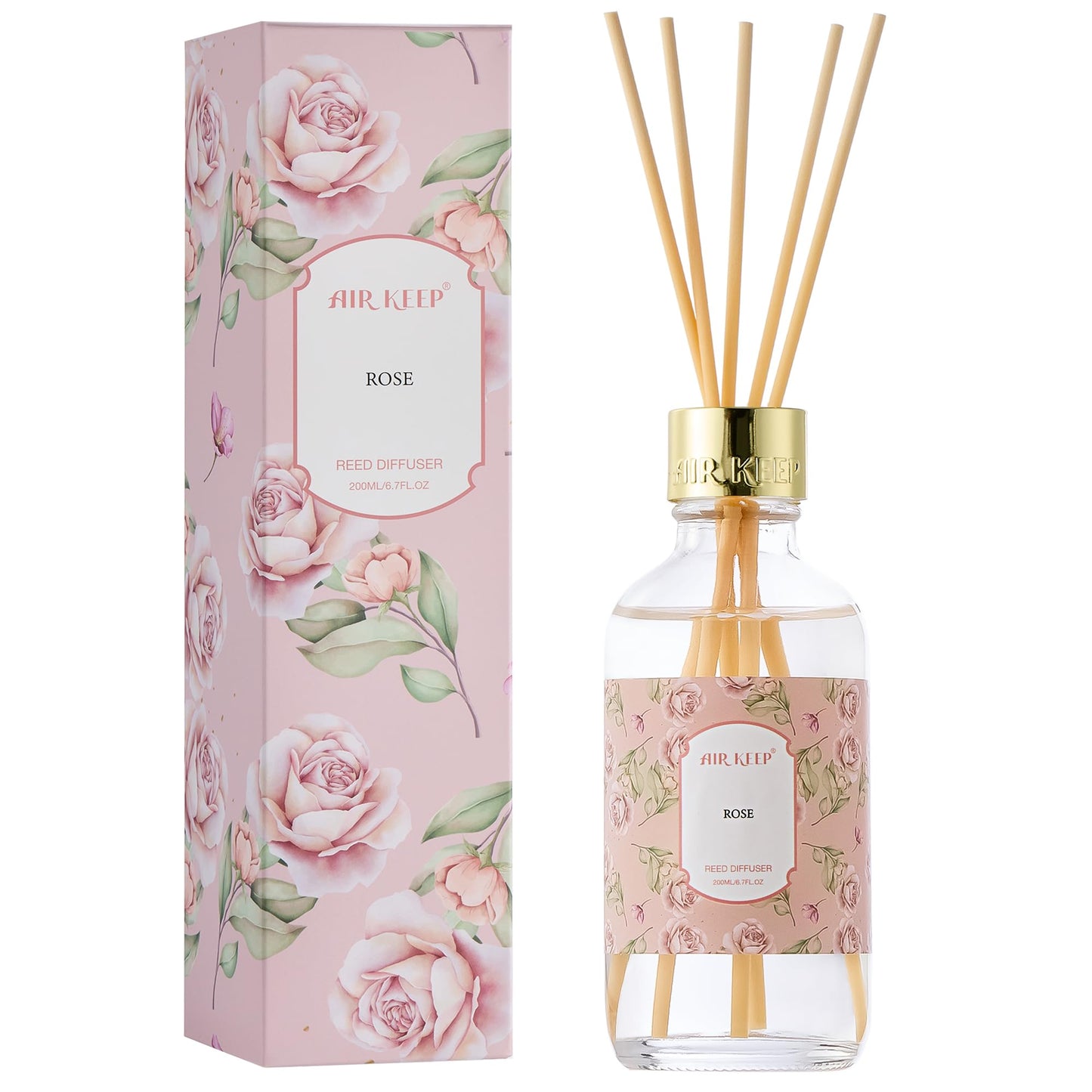 Airkeep Reed Diffuser Oil Set with Reed Sticks,Rose Aromatherapy Oil Scent Diffuser for Home Office Bathroom Decoration Perfume and Gifts 200ml/6.76 oz
