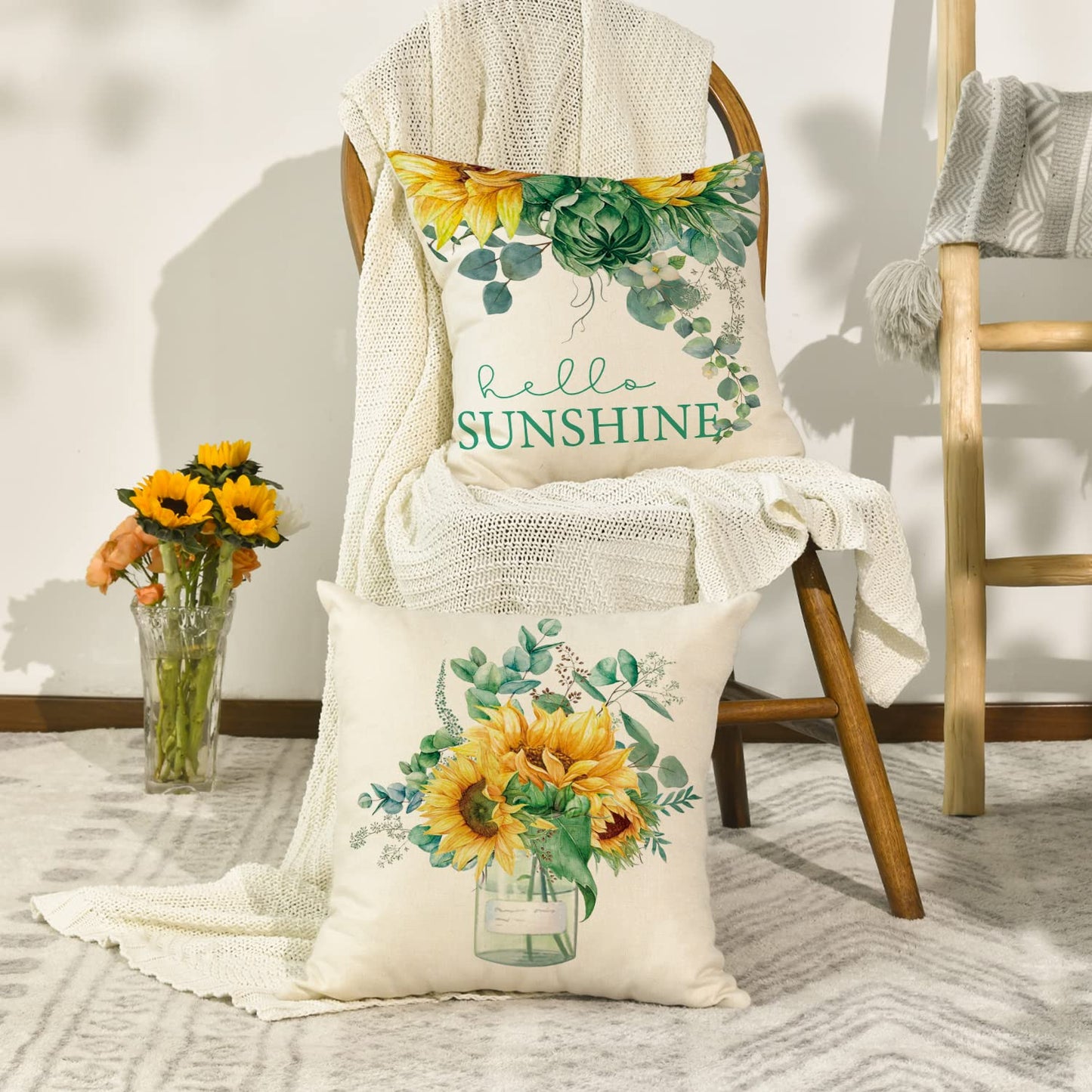 AVOIN Watercolor Sunflower Throw Pillow Cover, 18 x 18 Inch Eucalyptus Leaves Summer Holiday Party Cushion Case for Sofa Couch Set of 4