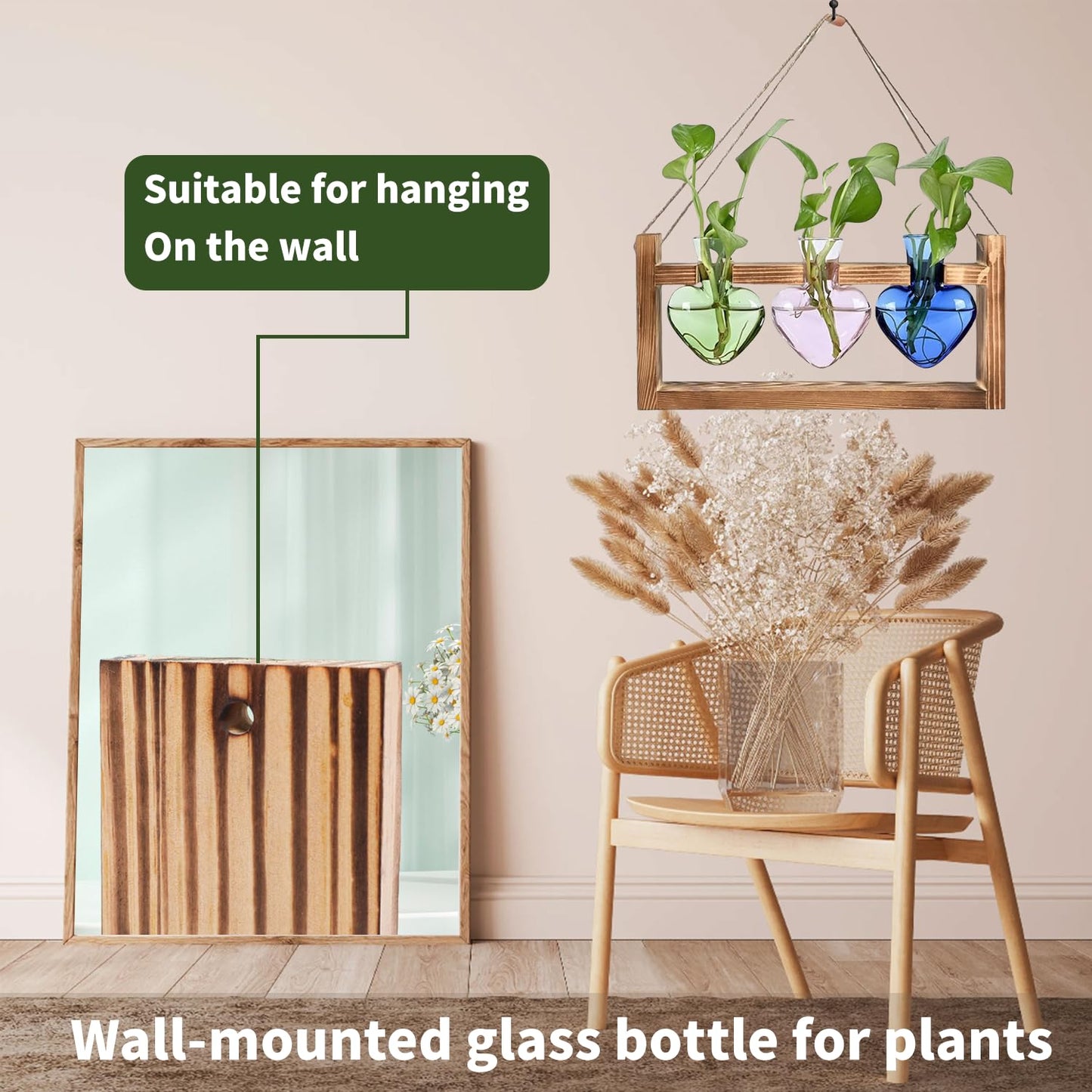 TumanLiving Heart-Shaped Glass Propagation Vases for Plants – 3-Piece Hydroponic Plant Vase with Wooden Stand, Decorative Indoor Plant Decor for Home Office, Ideal Gift for Plant Lovers