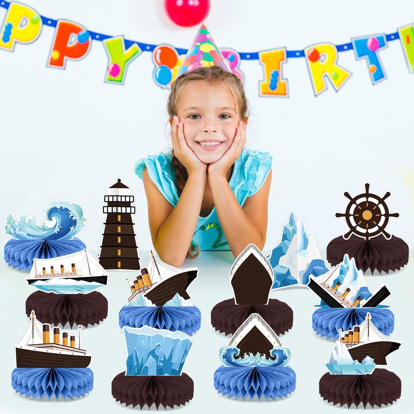 12Pcs Nautical Party Supplies Cruise Ship Birthday Honeycomb Centerpieces for Ocean Party Decorations Ship Theme Table Honeycomb for Ocean Cruise Liner Nautical Theme Birthday Baby Shower Party Favors