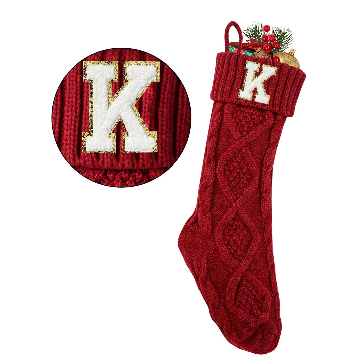 TETOU Monogram Christmas Stockings with Initials Letter 18" Stockings for Christmas Party Decoration (Red K)