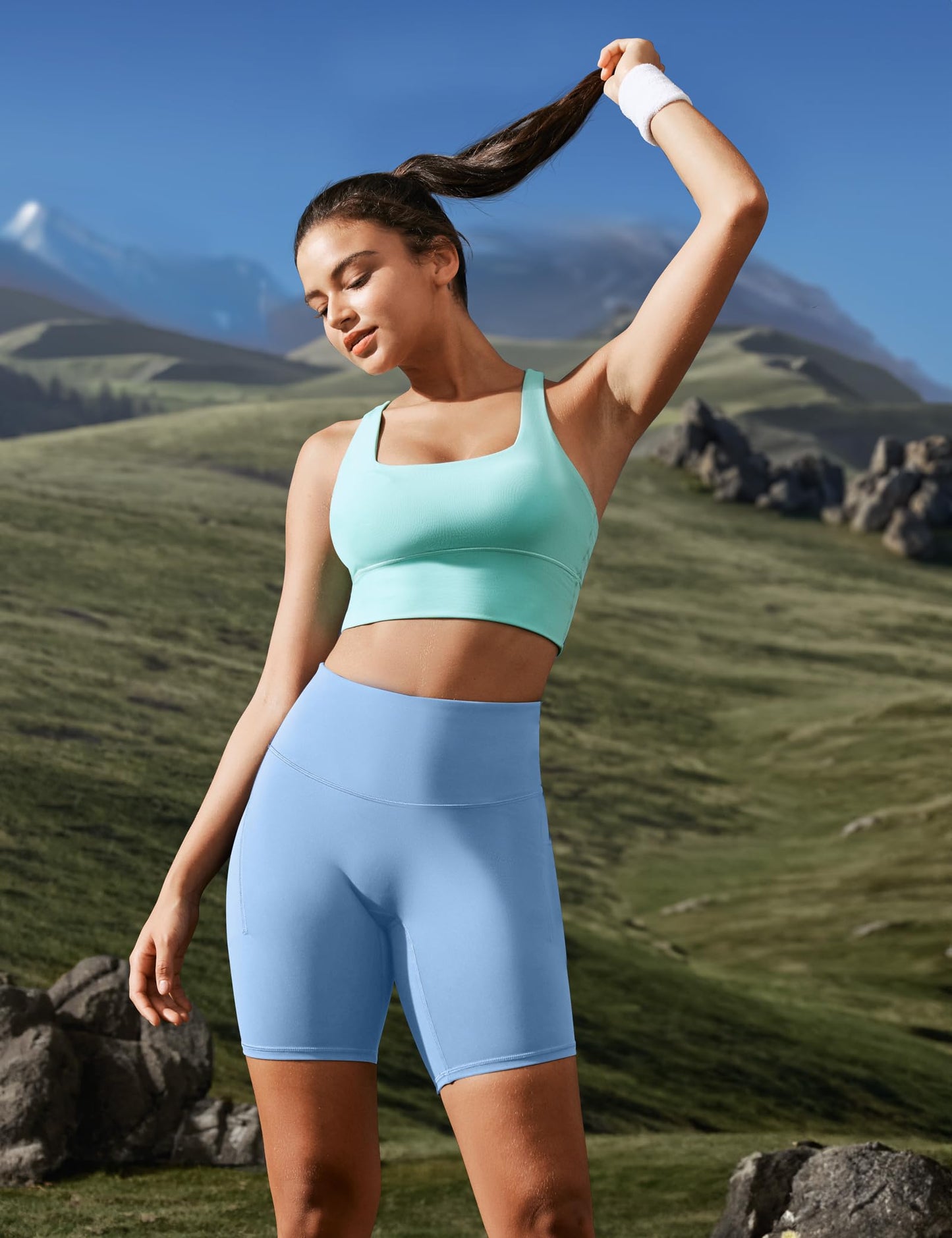 IUGA Biker Shorts Women Tummy Control 8" Workout Gym High Waisted Running Yoga Compression Spandex Shorts Women with Pockets Blue