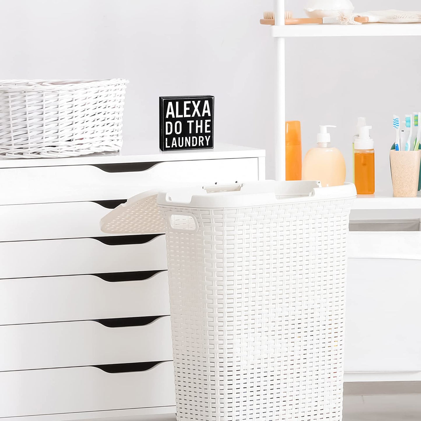 Classic Farmhouse Laundry Decor Funny Wooden Box Sign Rustic Laundry Black White Decorative Box Sign Plaque for Home Bathroom Shelf Decoration(Black Background)