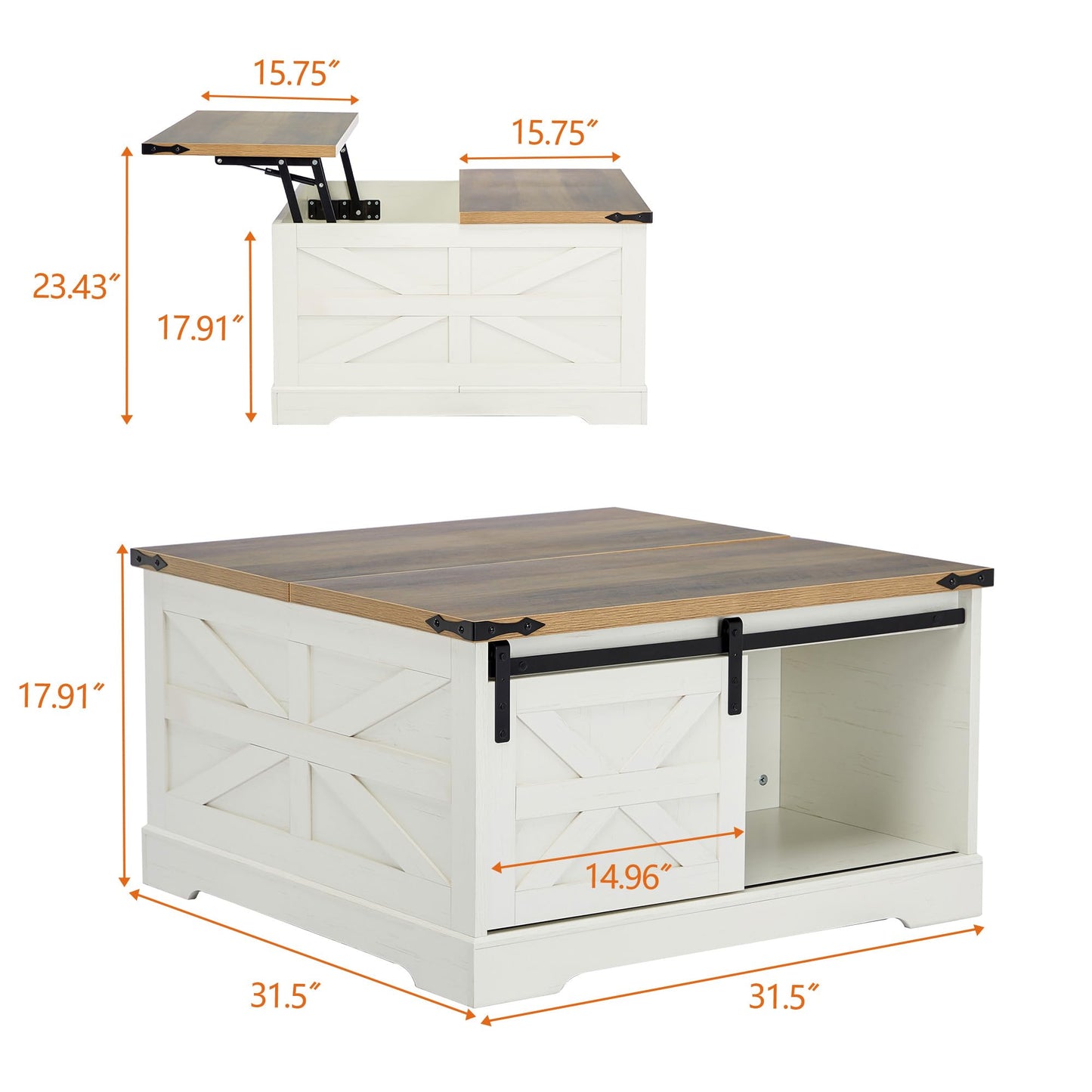 Tltaroni Farmhouse Lift Top Coffee Table，Wood Square Coffee Table with Sliding Barn Door and Adjustable Shelf Rustic Center Table with Hidden Storage Compartment for Living Room