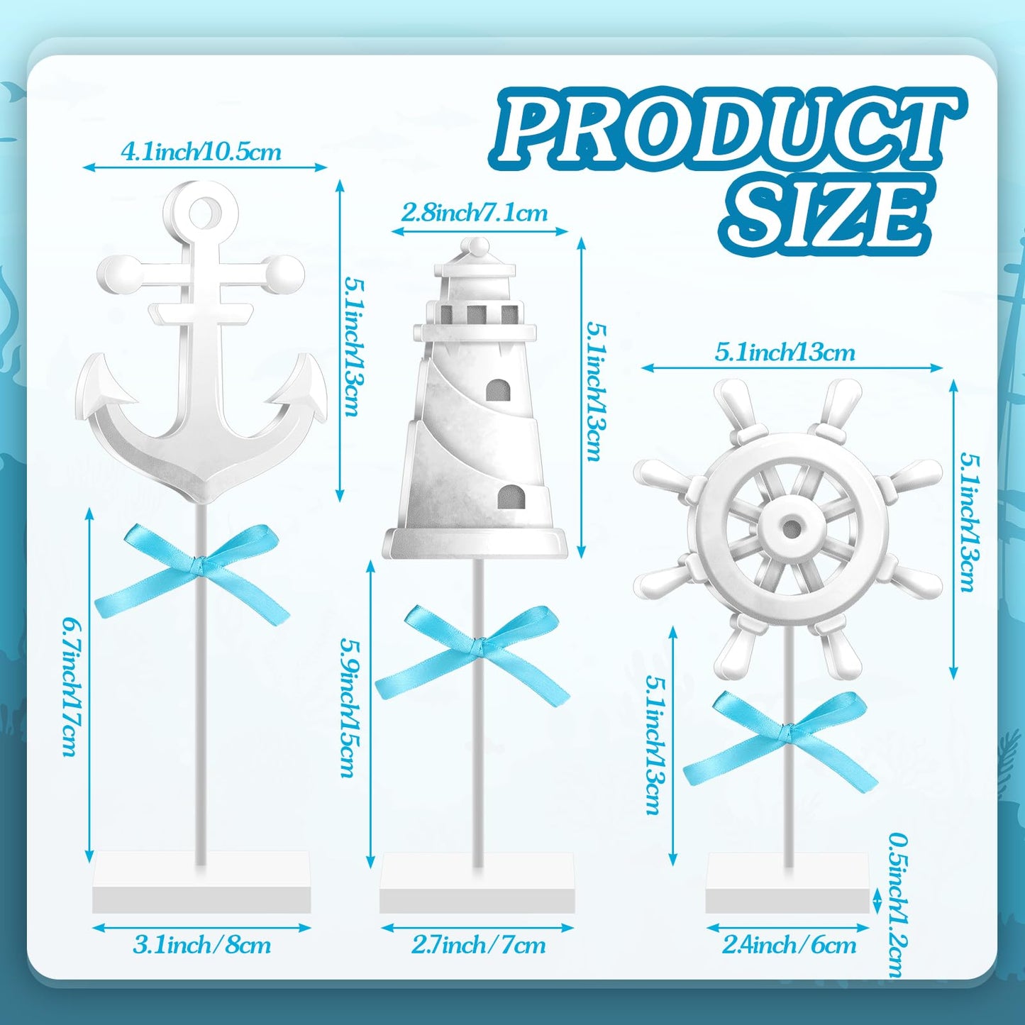 Seeloowy 3 Pcs Summer Nautical Wood Table Decor Anchor, Lighthouse, Ship Wheel Standing Centerpiece Rustic Coastal Farmhouse Beach Ocean Table Topper Sign for Home Kitchen Party