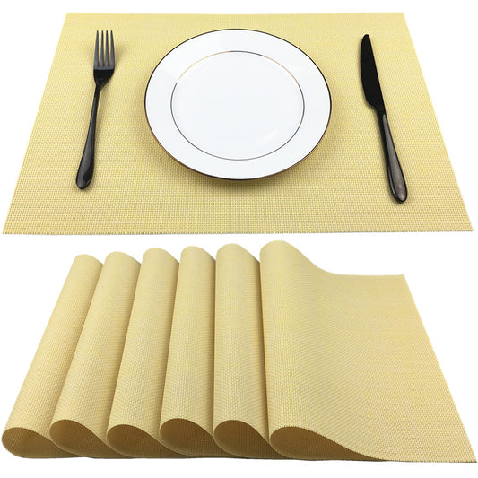 WAZAIGUR Placemats,Easy to Clean Crisscross Woven Vinyl Place Mats Durable Non-Slip Heat Resistant Table Mats,Placemats for Kitchen Table Set of 6,Yellow