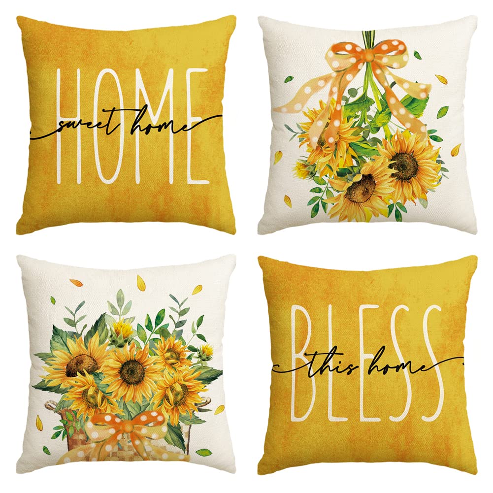 AVOIN colorlife Sunflower Home Sweet Home Bless This Home Summer Throw Pillow Covers, 18 x 18 Inch Yellow Cushion Case for Sofa Couch Set of 4