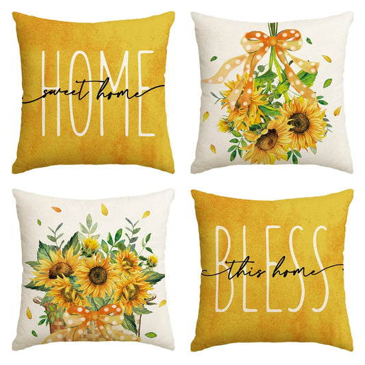 AVOIN colorlife Sunflower Home Sweet Home Bless This Home Summer Throw Pillow Covers, 18 x 18 Inch Yellow Cushion Case for Sofa Couch Set of 4