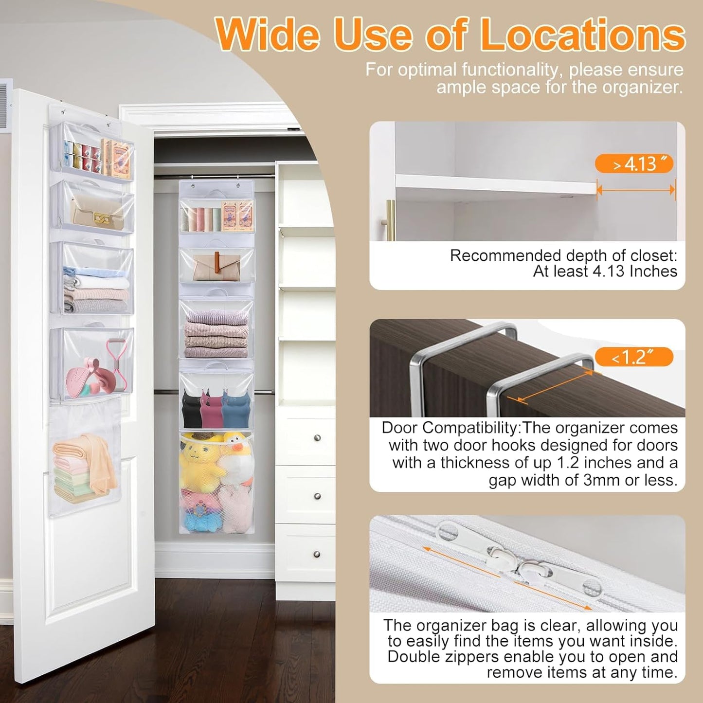 Woodoulogy Hanging Toy Storage over Door, Block Stuffed Animal Organizer Idea with 4 Removable Case Bag, Bi-Fold Closet Holder with Mesh Pocket for Kid Boy Girl