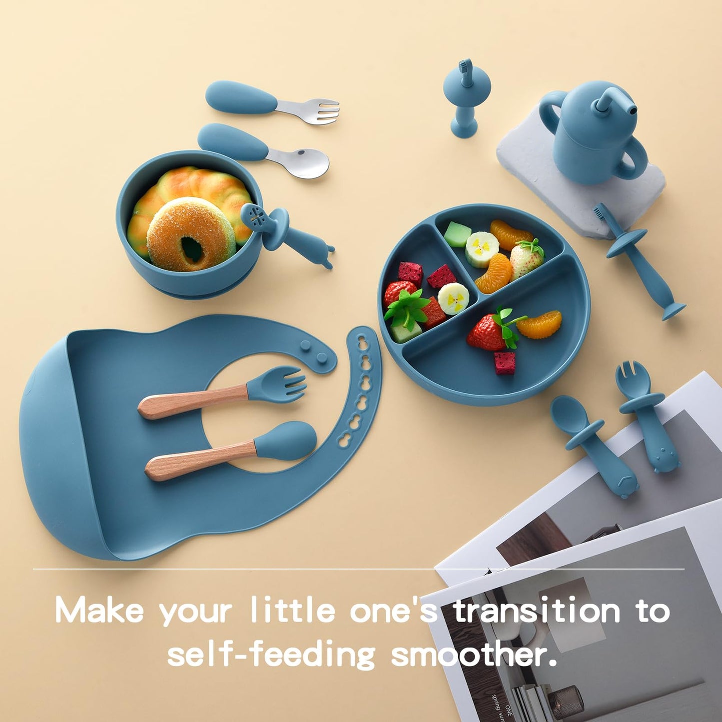 Silicone Feeding Set, 13PCS Baby Feeding Essentials with Suction Bowl & Plate, Spoons & Forks, Bib & Cup, Toothbrush, Baby Led Weaning Supplies for 6+ Months, Eating Essentials (Blue)