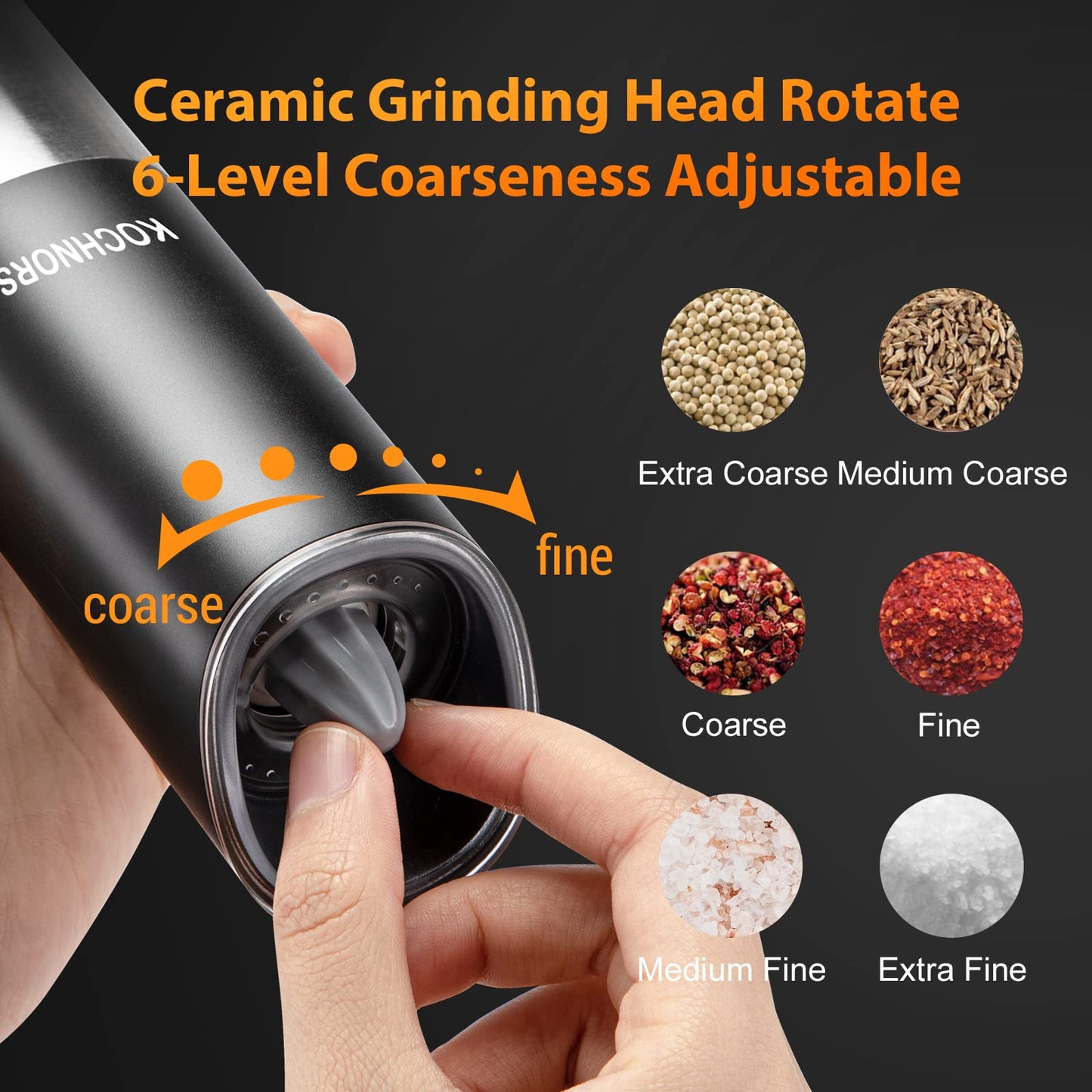 Kochnors USB Rechargeable Pepper Grinder, Gravity Electric Pepper Grinder with 6 Level Adjustable Coarseness, One Handed Operated Salt and Pepper Grinder for Kitchen, Restaurant and BBQ