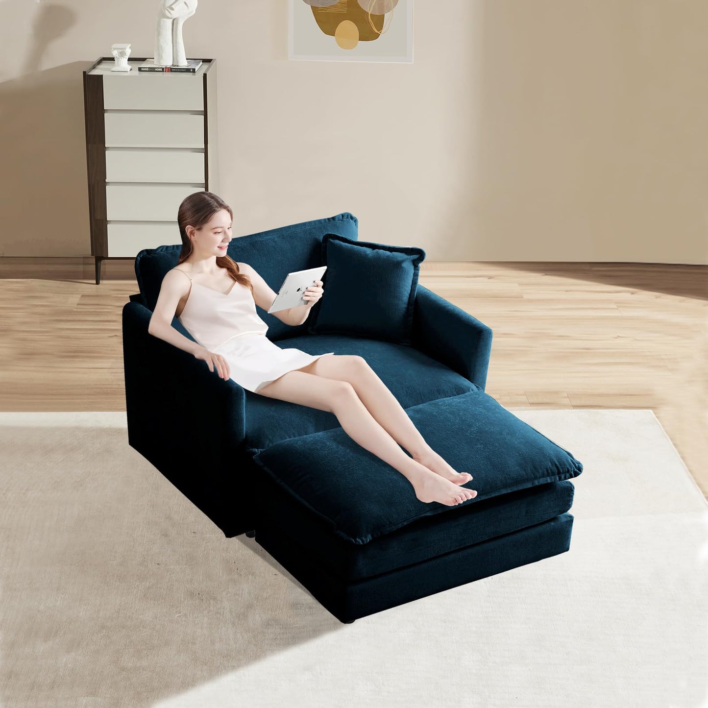 Oversized Chaise Lounge Chair Indoor, Chenille Upholstery Cloud Sectional Sofa, Minimalist Modular Sleeper Couch Bed Including Single Club Armchair & Ottoman for Liviing Room Apartment Office