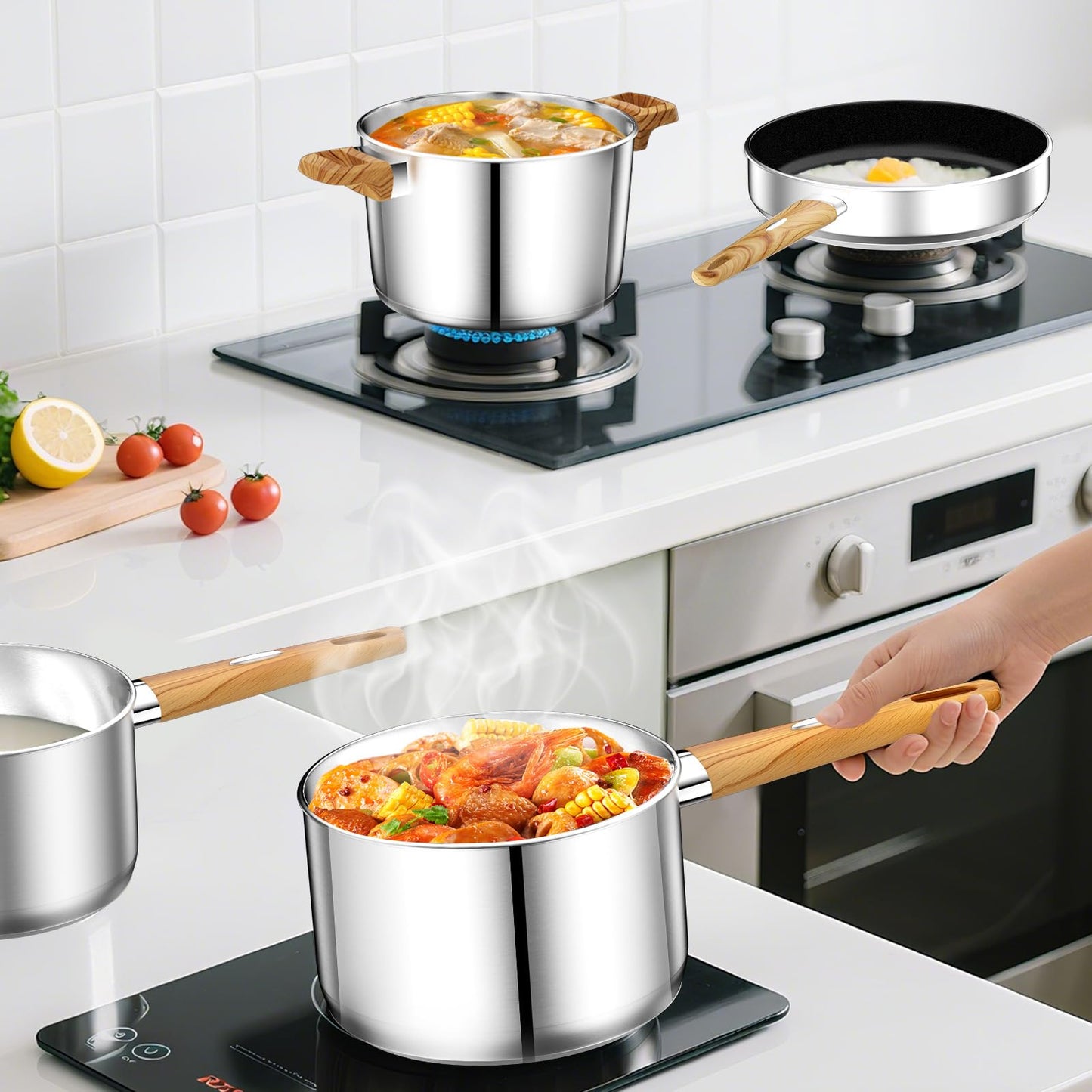 Stainless Steel Pots and Pans Set, 13 Pcs Cookware Set, RV Kitchen Cooking Set w/Non Stick Frying Pans & Saucepans & Lids & Stay-cool Wooden Handle, Induction Oven Dishwasher Safe, Non Toxic