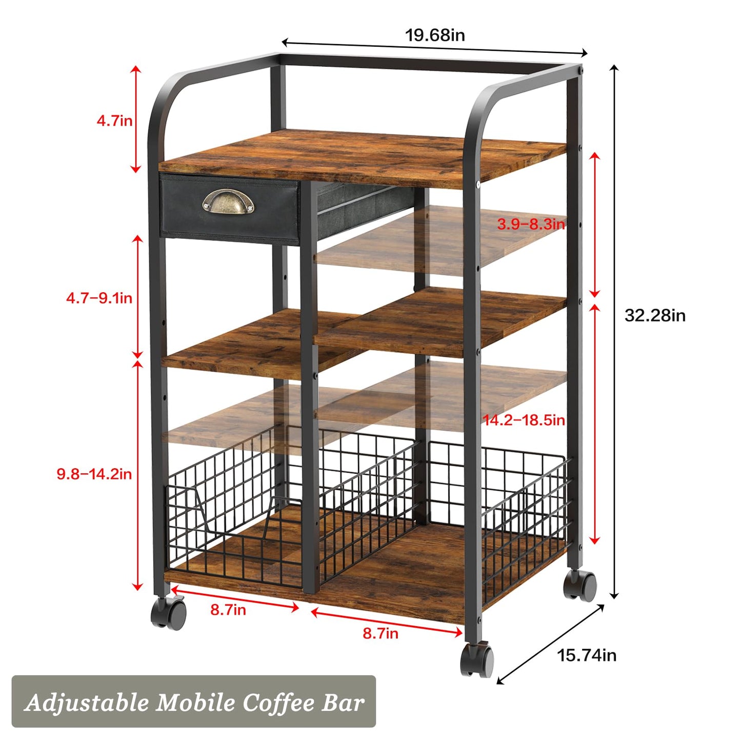 keomaisyto Coffee Cart with Storage Drawer, Coffee Bar Cabinet with Wheels, 4-Tier Adjustable Mobile Coffee Table, Rustic Wood Coffee Bar Station for Kitchen/Entrance/Living Room/Dining Room