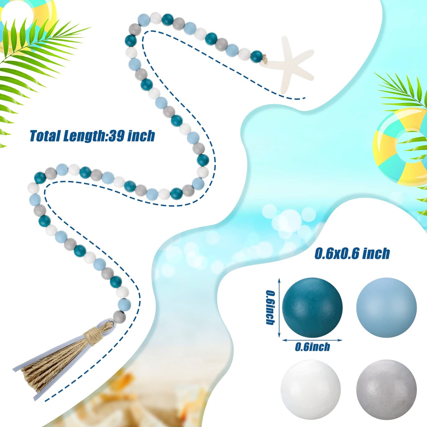 2 Pcs Farmhouse Seashell Bead Garland with Tassels Decorative Beads Decor Nautical Farmhouse Tiered Tray Decorations Set Coastal Garland for Home and Kitchen, Wooden Beads