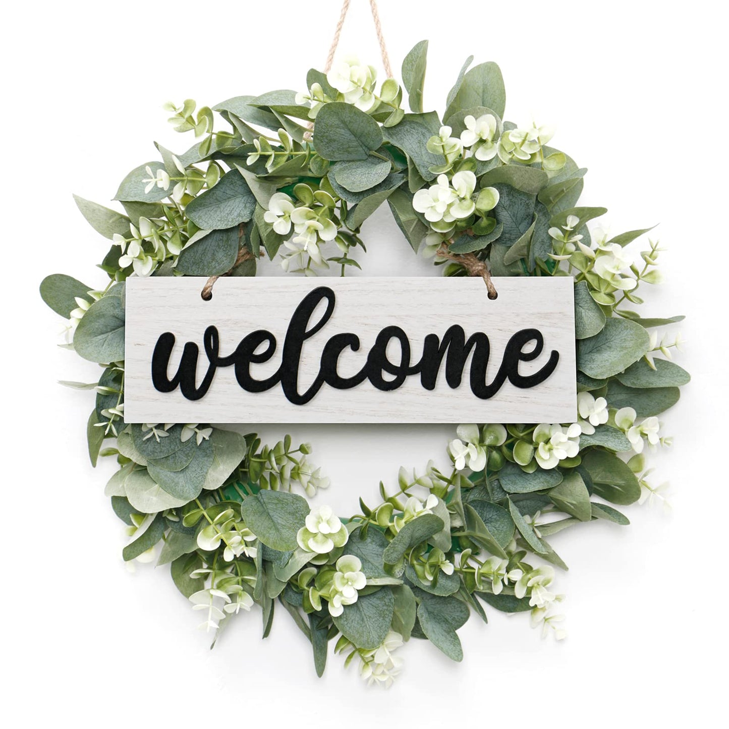 Dremisland 16 Inch Eucalyptus Leaves Wreath,Artificial Green Leaves Wreath with Welcome Sign Board for Front Door Window Farmhouse Garden Festival Celebration Home Decoration (White)