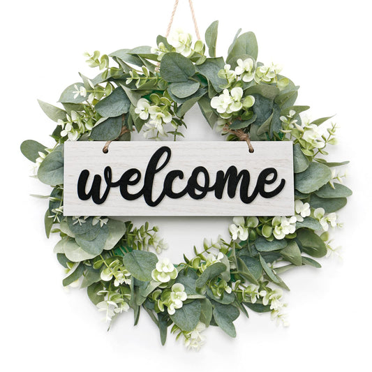 Dremisland 16 Inch Eucalyptus Leaves Wreath,Artificial Green Leaves Wreath with Welcome Sign Board for Front Door Window Farmhouse Garden Festival Celebration Home Decoration (White)
