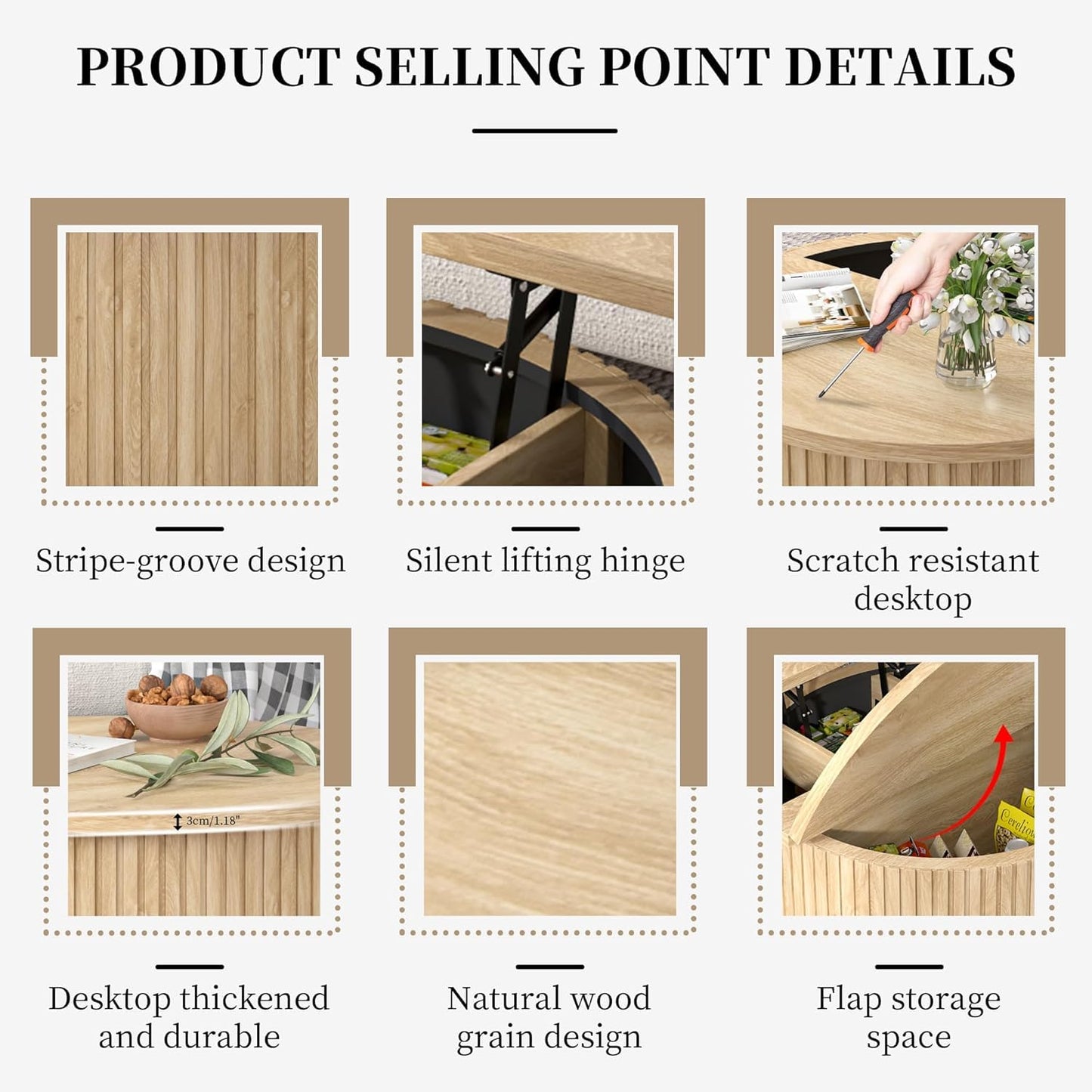 Fsbecl Round Fluted Lift Top Coffee Table with Storage, 34.6'' Farmhouse Round Coffee Tables for Living Room, Circle Wood Accent Center Table for Home, Office, Cafe (Wood Color)