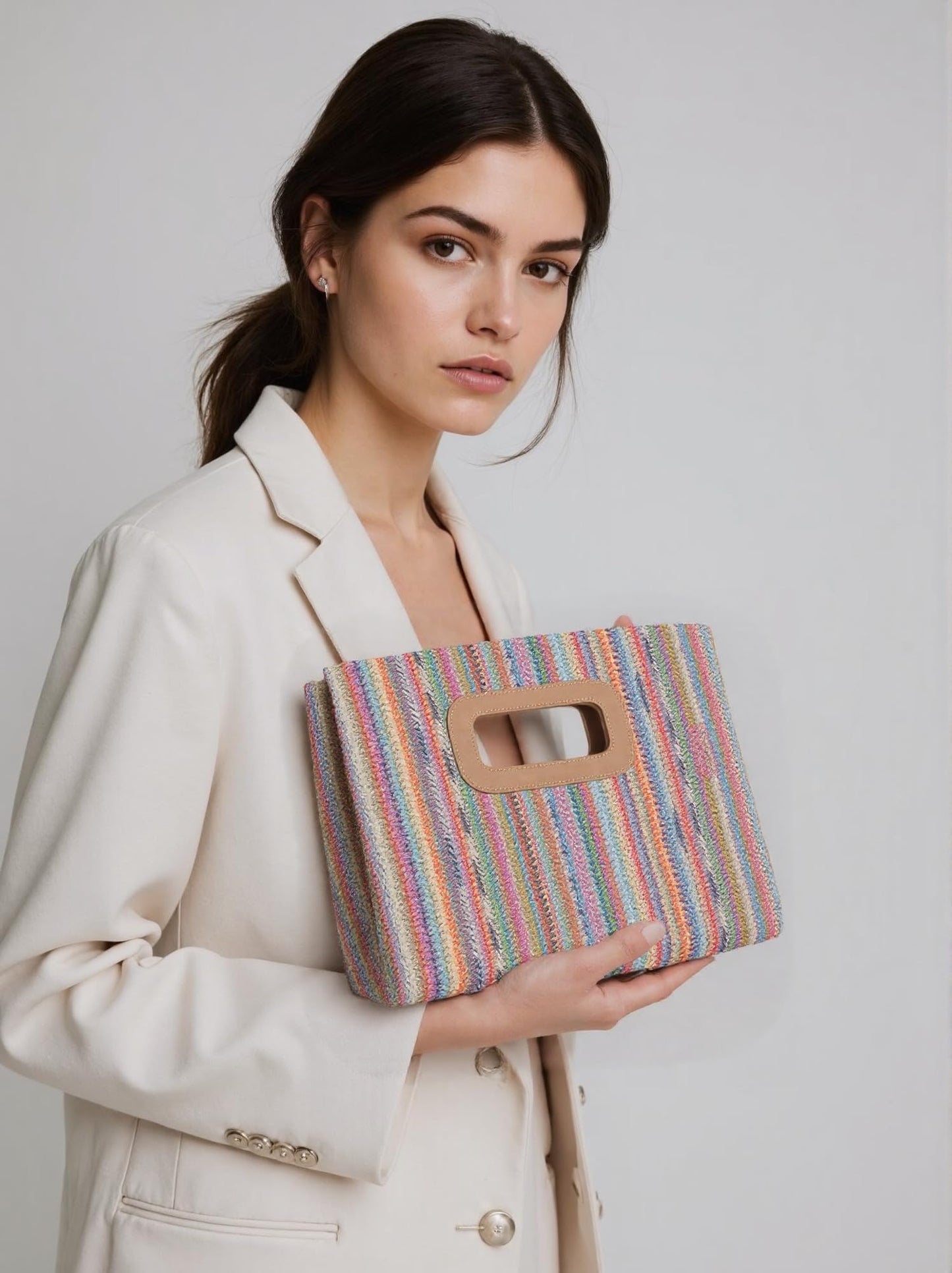 ChiHaul Chic Handbags for Women、Summer Clutch Purse with Handle、Woven Bags Suitable for Party and Beach(Rainbow)