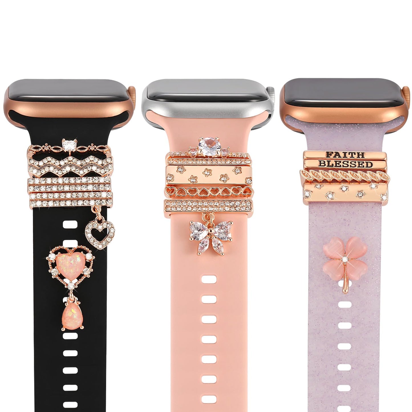 Greaciary 15pcs watch charms with 12pcs Decorative ring Loops 3pcs watch stud,metal Diamond Sliding Strap Accessories Compatible with Apple watch Silicone bands Rhinstone ornament