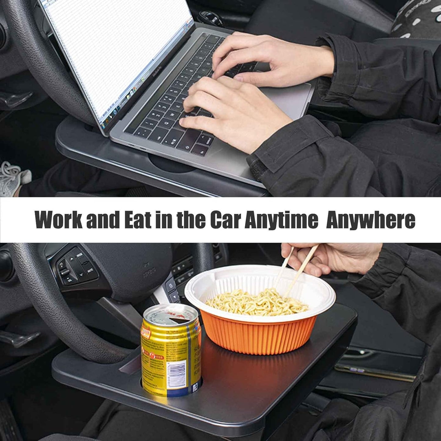 Double-use Steering Wheel Tray(14.5*11inch), Car Food Trays for Eating with Drinks Holder, Car Trays for Eating for Pad Laptop, Multipurpose Travel Car Accessories, Fits Most Vehicles Steering Wheels