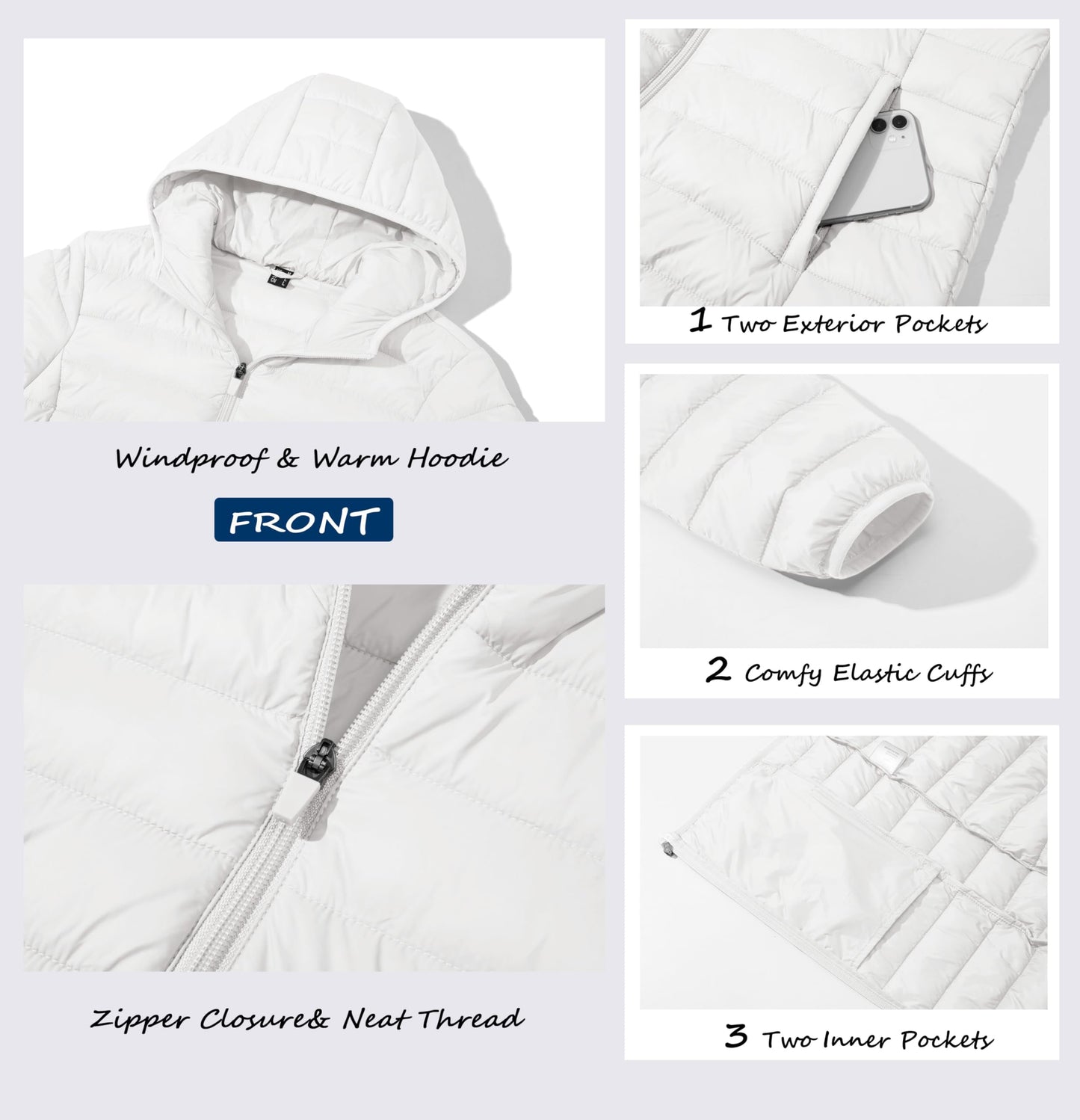 MAGCOMSEN Womens Puffer Jacket Hooded Lightweight Quilted Winter Long Sleeve Water-resistant Zip-up Coat with Inner Pocket, White M