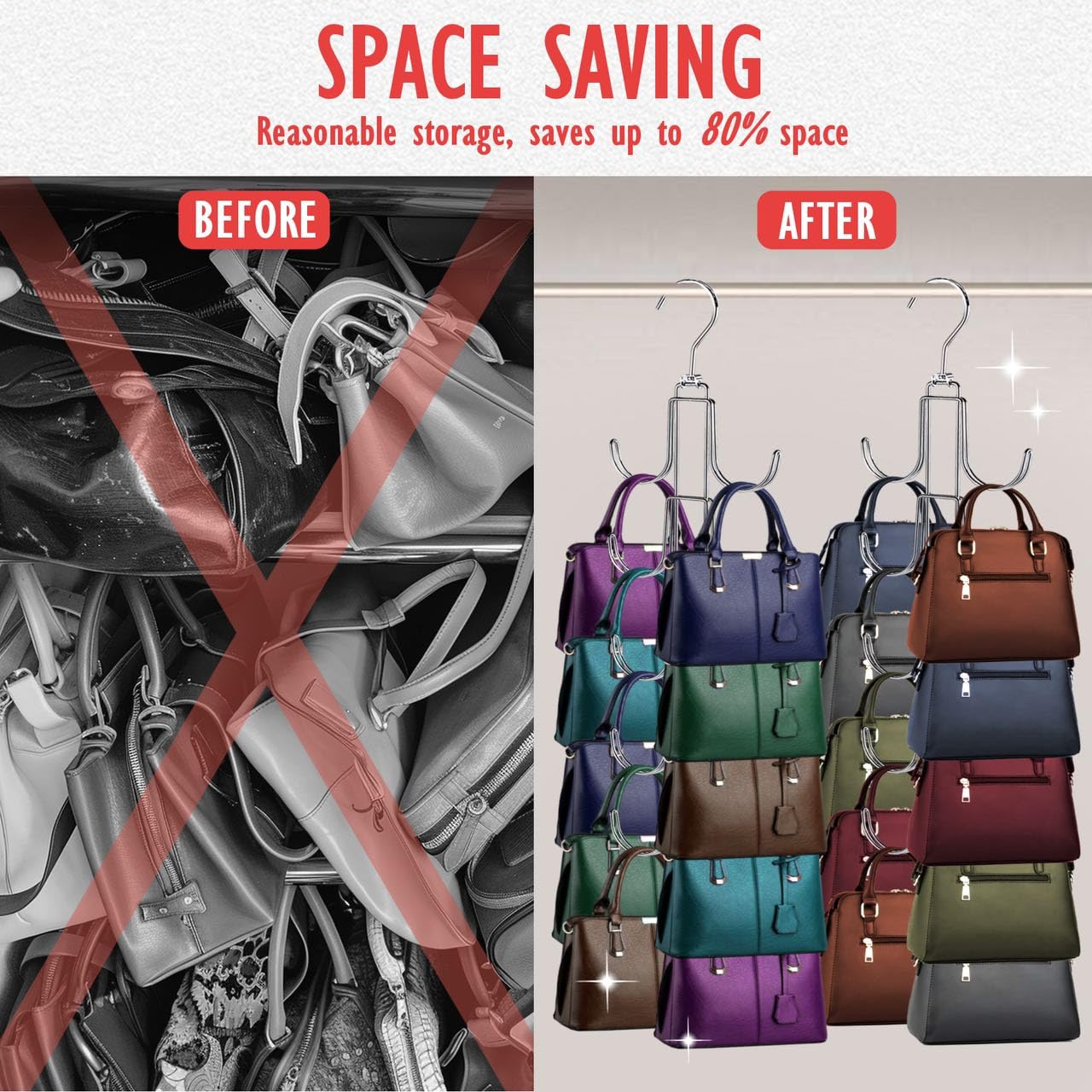 Purse Organizer for Closet, Bag Organizer with 10 Big Hooks, 360 Degree Rotation Purse Hanger for Display, Collapsible Space Saving Hangers Rack for Handbag, Belt, Scarve, Tie