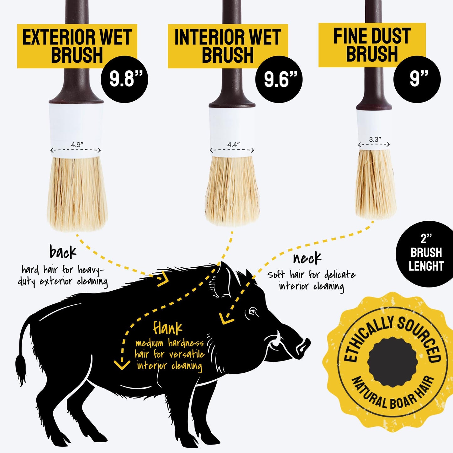 Detail Dudes Soft Boars Hair Car Detailing Brush Set for Washing (3 Pack) - Car Detailing Kit - Automotive Cleaning Brush