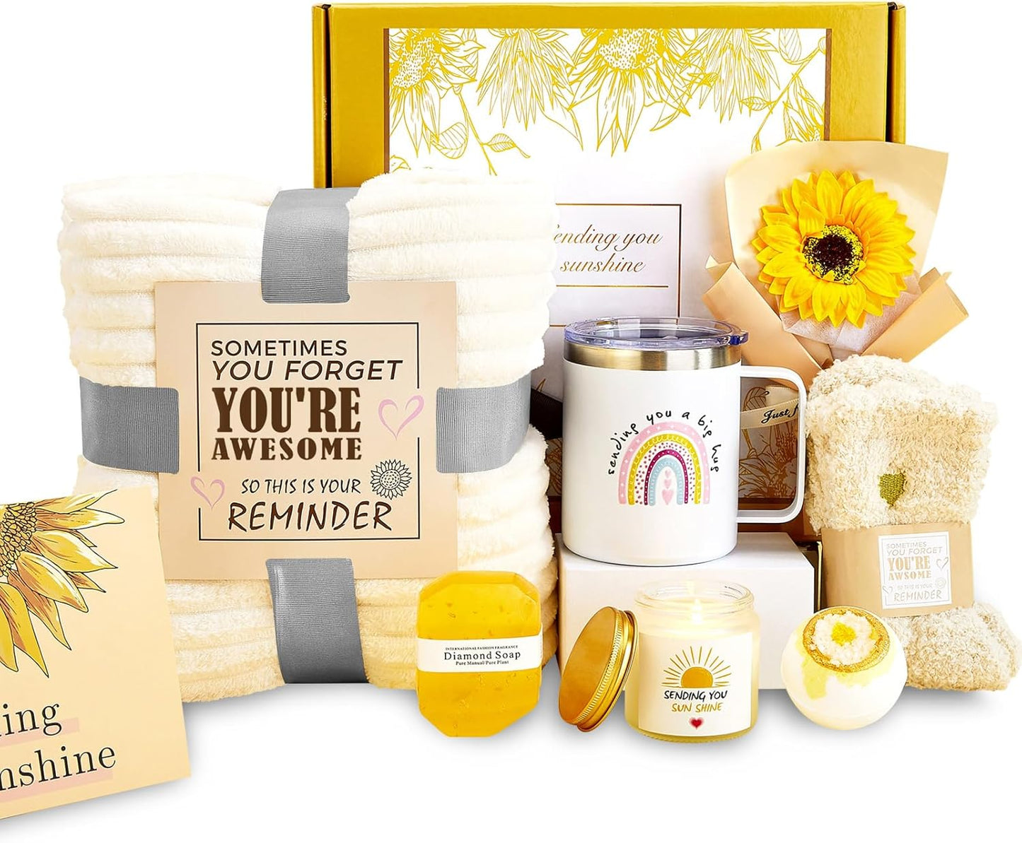 Get Well Soon Gifts for Women, Care Package Gift Feel Better Basket Warm After Surgery Recovery Encouragement Gift Sending You Sunshine Box with Blanket