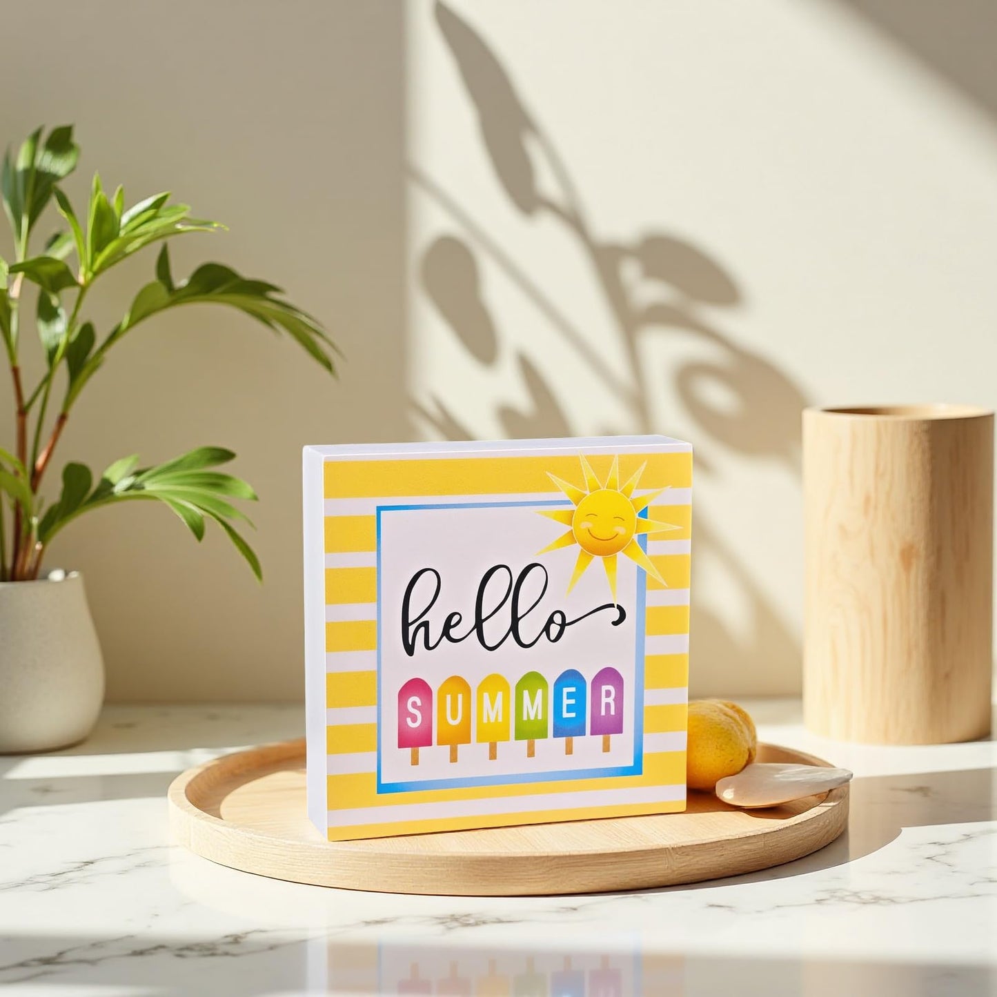 Summer Decor Summer Decorations for Home Hello Sunshine Popsicle Wood Box Sign Rustic Wooden Shelf Desk Decor Season House Warming Gifts 5.9 x 5.9 Inch