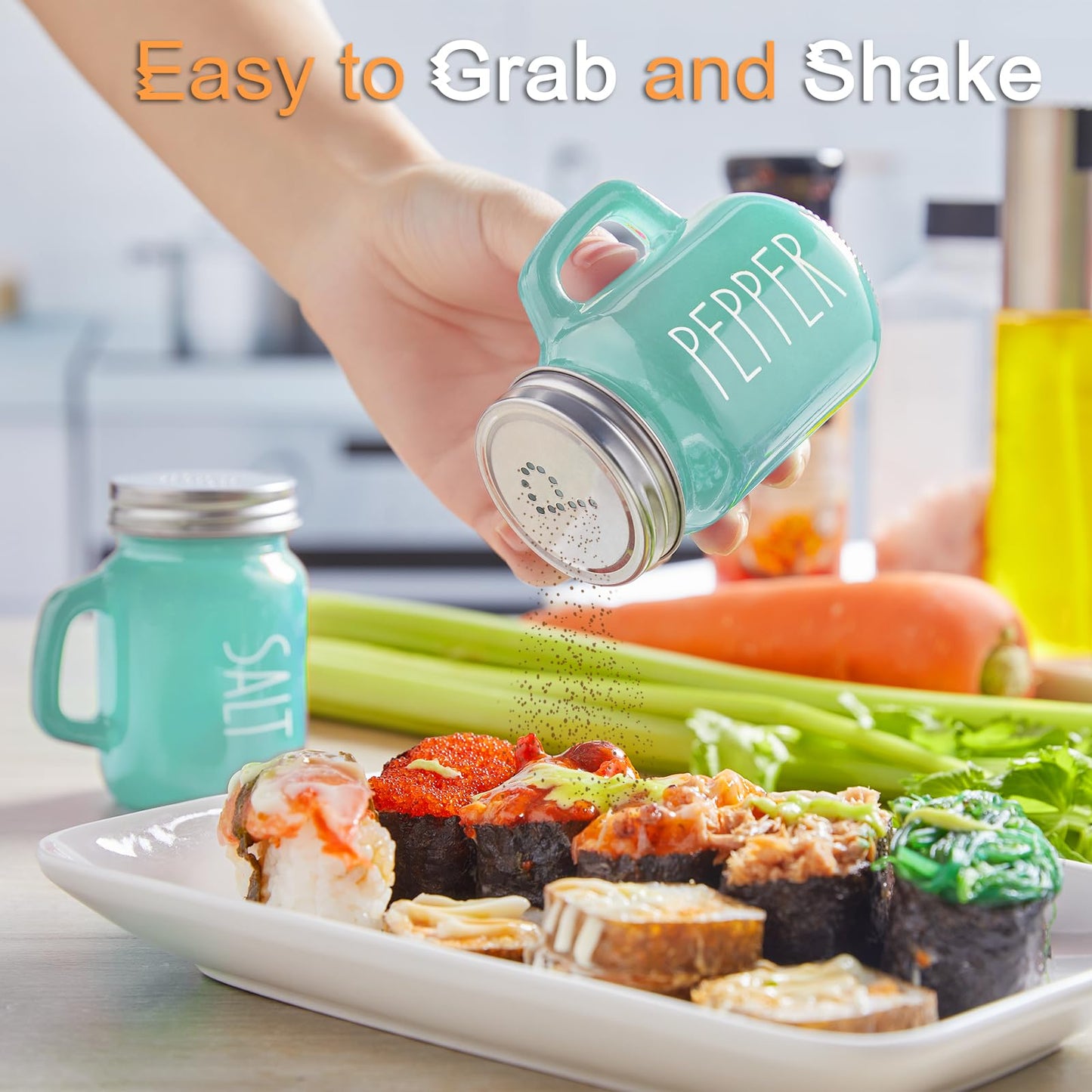 Turquoise Salt and Pepper Shakers Set - Teal Kitchen Decor and Accessories for Home Restaurants Wedding - Glass Salt and Pepper Set for Cooking Table, RV, BBQ, Easy to Clean & Refill