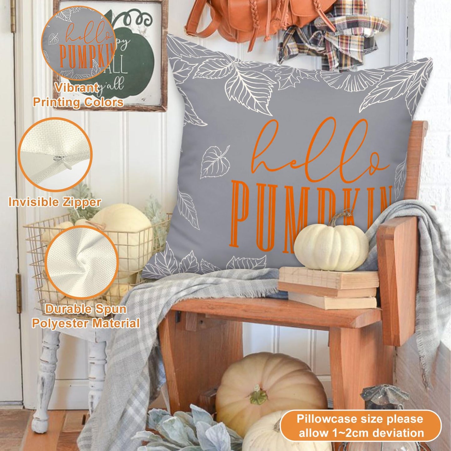 Ywlake 18x18 Fall Pillow Covers Set of 4, Hello Pumpkin Decorative Holiday 18 x 18 Autumn Cushion Covers Thanksgiving Pillow Case for Indoor Home Bedroom Couch Sofa Decor Grey