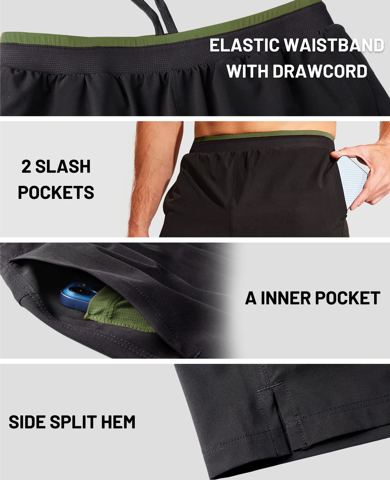 MIER 2 in 1 Athletic Running Shorts Men 5 Inch Inseam Workout Training Shorts with Liner Pockets, Black/Army Green, X-Small