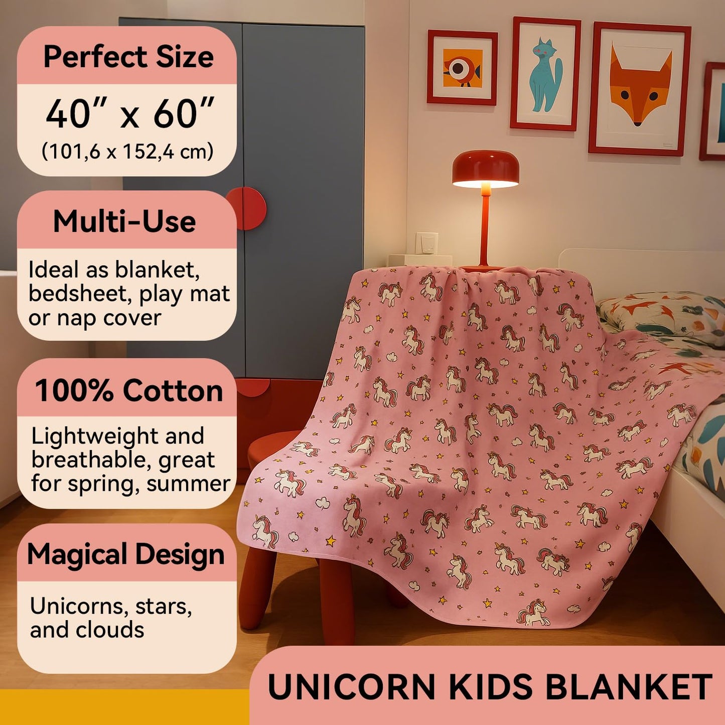 Kids Throw Blanket – Soft Cotton Toddler Blanket with Unicorn, Star & Cloud Pattern, Lightweight Breathable Bed Throw with Stitched Edges, 40 x 60 in (101.6 x 152.4 cm)
