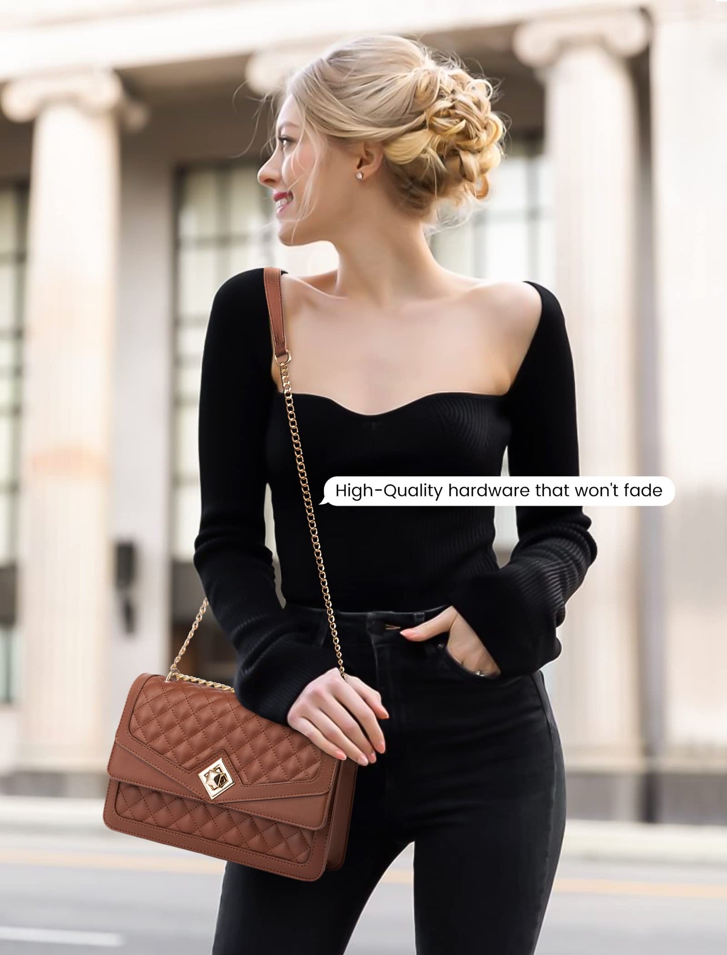 LOVEVOOK Brown Crossbody Bags for Women Quilted Designer Purses and Handbags, Ladies Shoulder Chain Purse