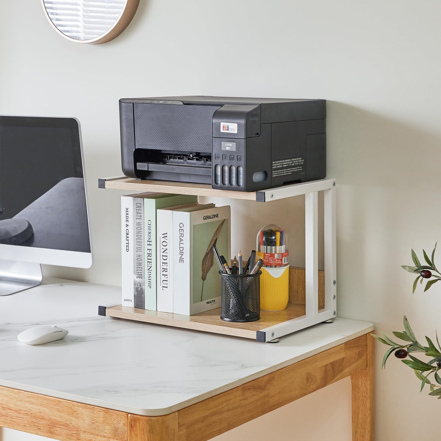 IBUYKE Under Desk Printer Stand,2 Tier Printer Cart for Printer,Mobile Home Desktop Organizer Shelf with 4 Wheels,for Printer, Fax, Home Office Use，Rustic Brown UTLJ007R