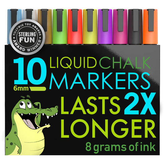 Crafty Croc Liquid Chalk Markers for Chalkboards, Blackboards, Windows & Glass - Dry Erase, 6mm Reversible Bullet & Chisel Tip, 10 Pack Neon