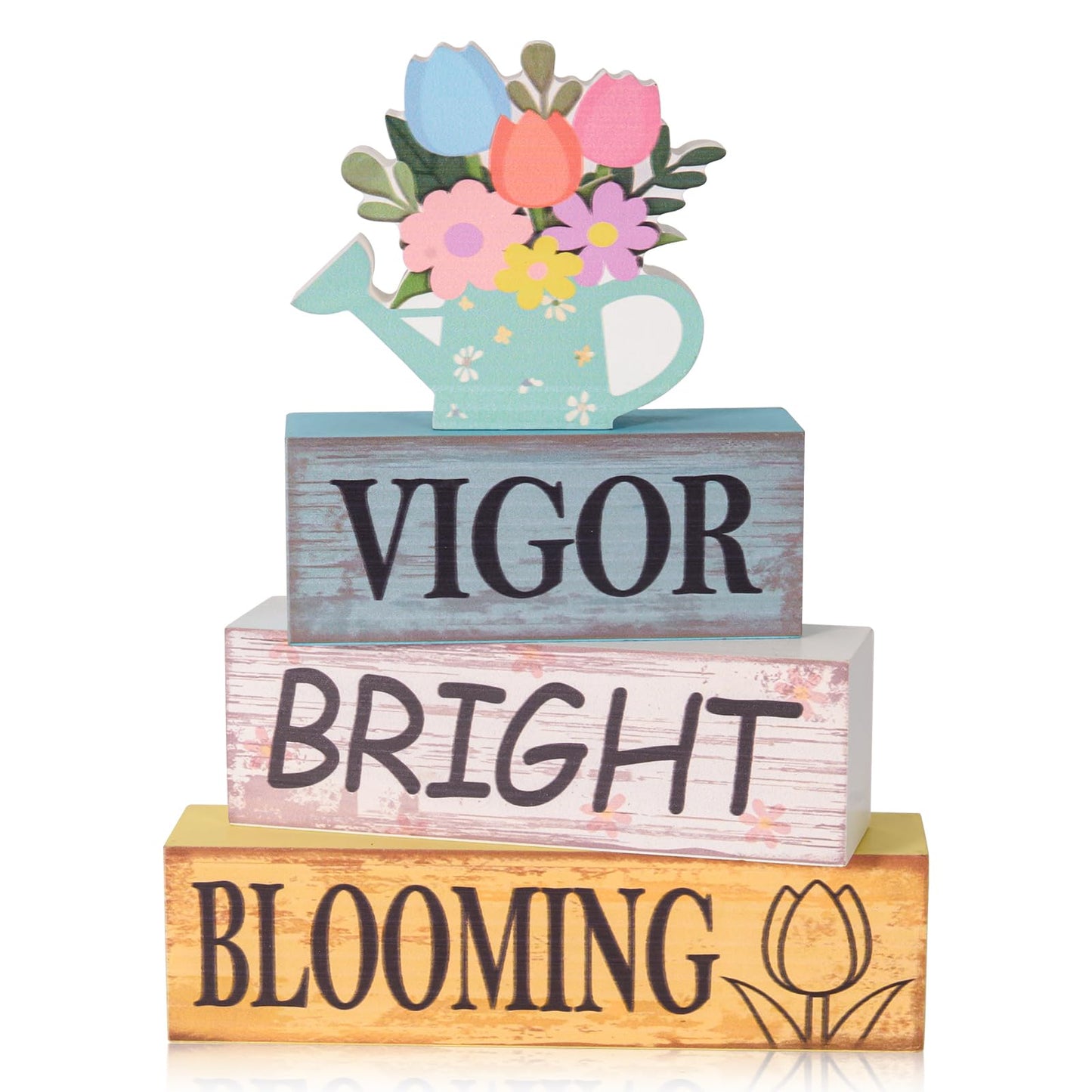 Summer Tiered Tray Decor Wooden Flower Kettle Block Signs Spring Wood Flower Block Summer Tiered Tray Decorations Vigor Bright Blooming Centerpiece Decorations for Kitchen Home Shelf Office Decor